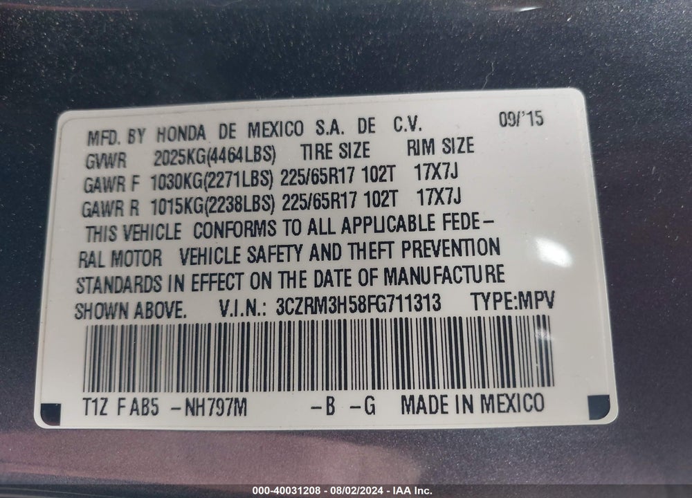 2015 HONDA CR-V EX VIN: 3CZRM3H58FG711313
