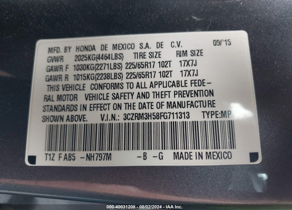 2015 HONDA CR-V EX VIN: 3CZRM3H58FG711313