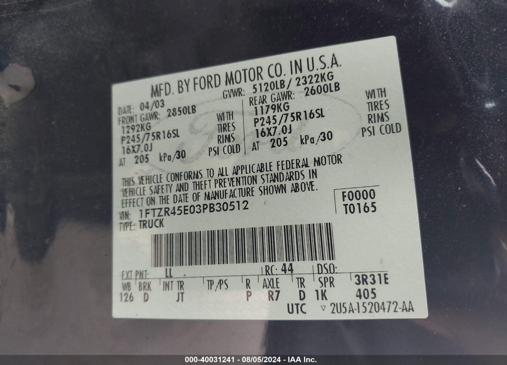 2003 FORD RANGER EDGE/XLT VIN: 1FTZR45E03PB30512