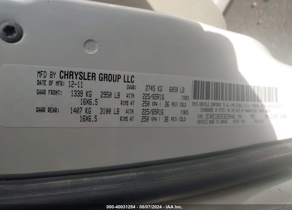 2012 CHRYSLER TOWN & COUNTRY TOURING VIN: 2C4RC1BG9CR229446
