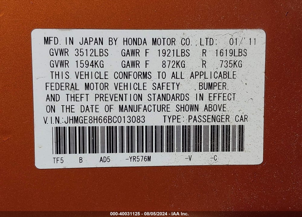 2011 HONDA FIT SPORT VIN: JHMGE8H66BC013083