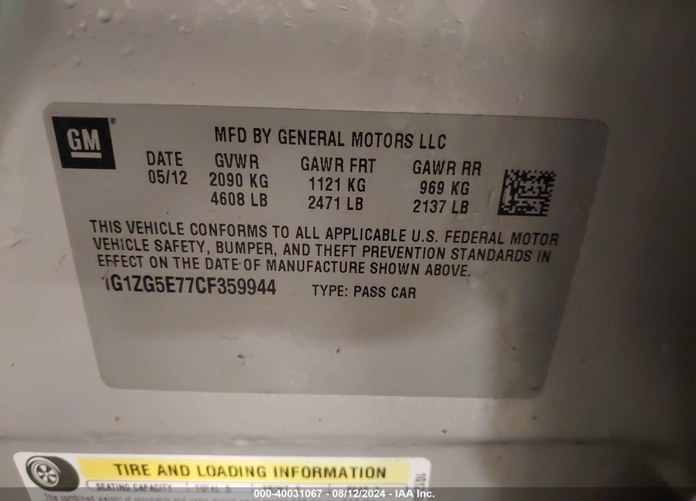 2012 CHEVROLET MALIBU 2LZ VIN: 1G1ZG5E77CF359944