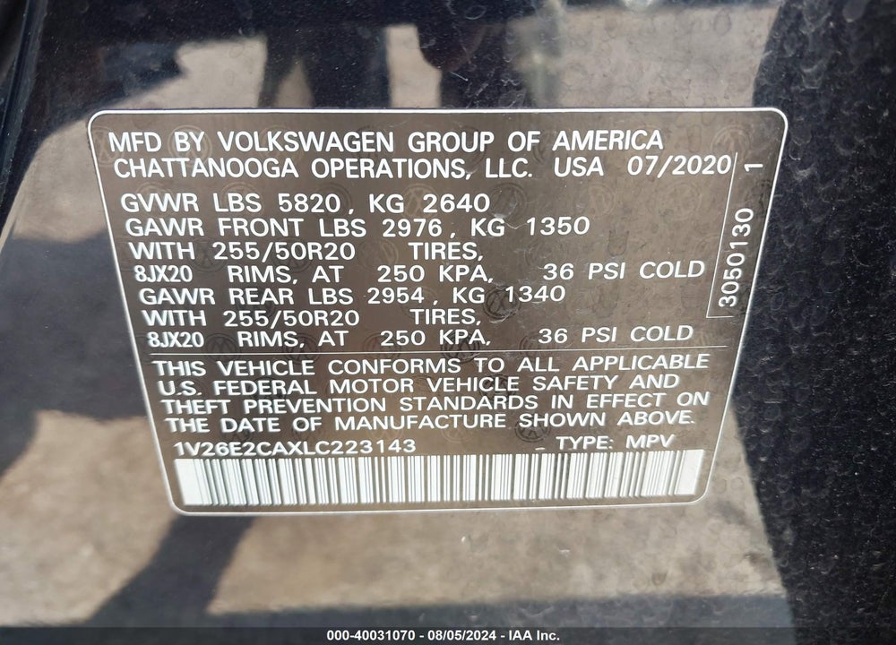 2020 VOLKSWAGEN ATLAS CROSS SPORT 3.6L V6 SE W/TECHNOLOGY/3.6L V6 SE W/TECHNOLOGY R-LINE VIN: 1V26E2CAXLC223143