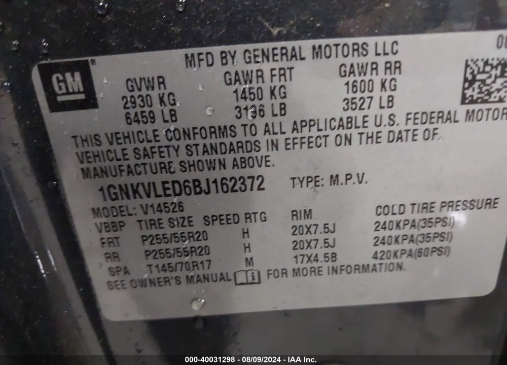 2011 CHEVROLET TRAVERSE LTZ VIN: 1GNKVLED6BJ162372