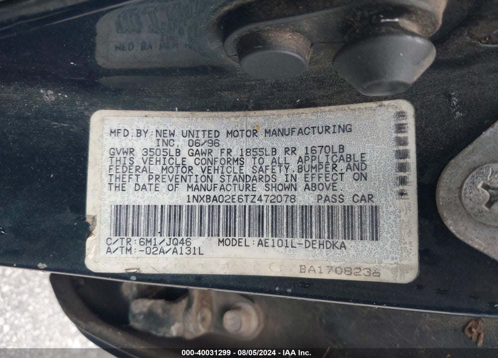 1996 TOYOTA COROLLA VIN: 1NXBA02E6TZ472078