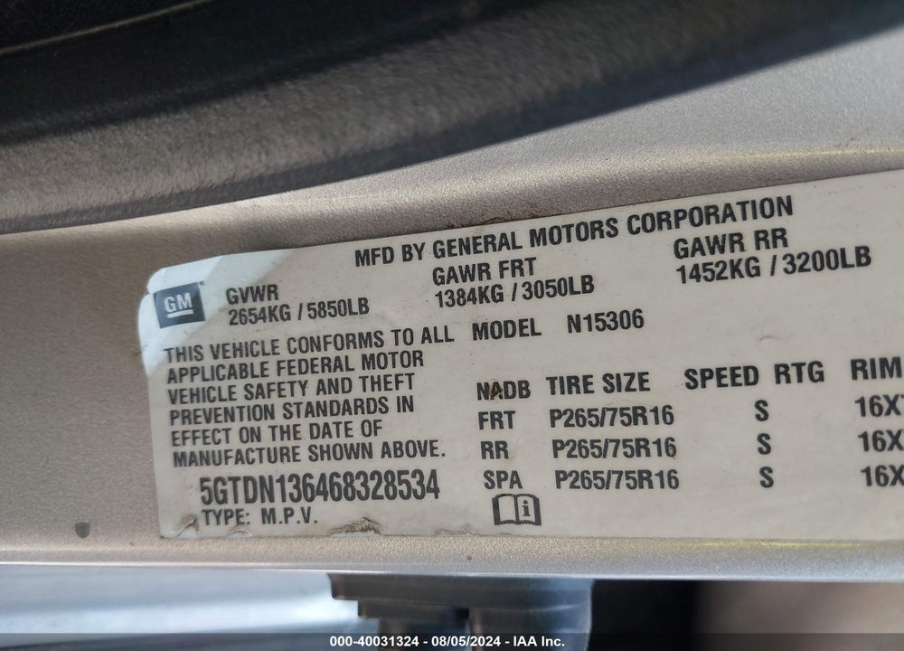 2006 HUMMER H3 SUV VIN: 5GTDN136468328534