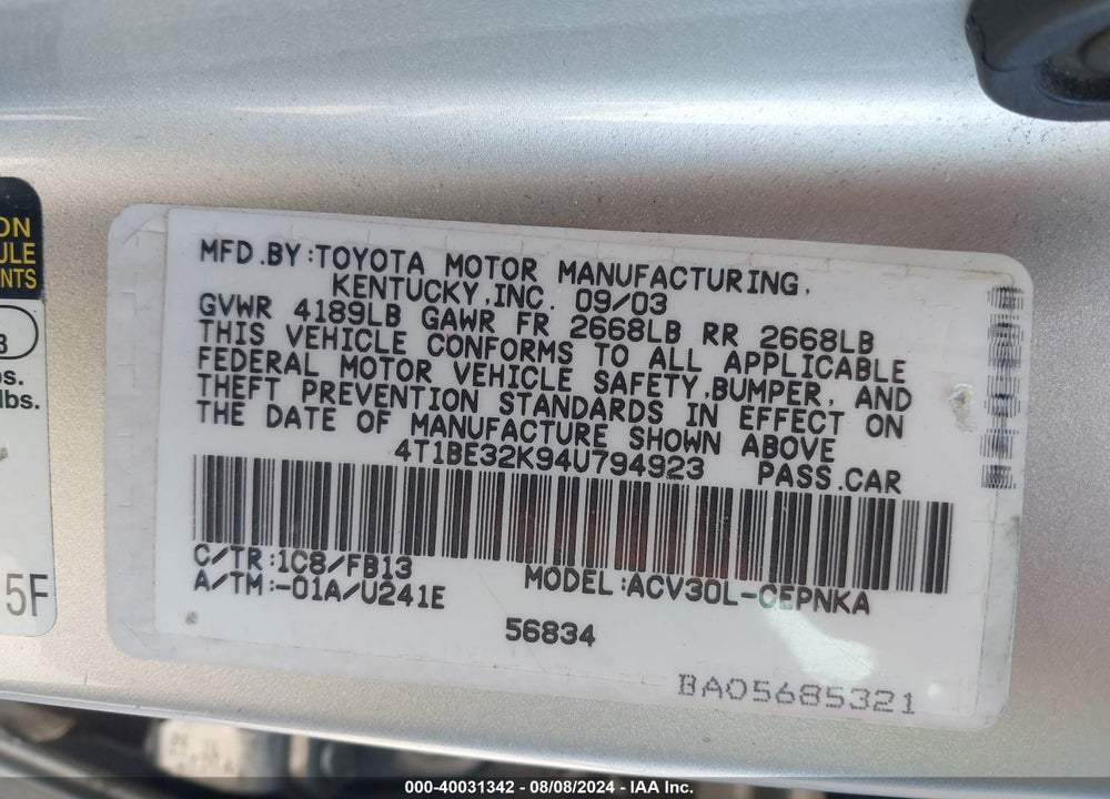2004 TOYOTA CAMRY LE VIN: 4T1BE32K94U794923