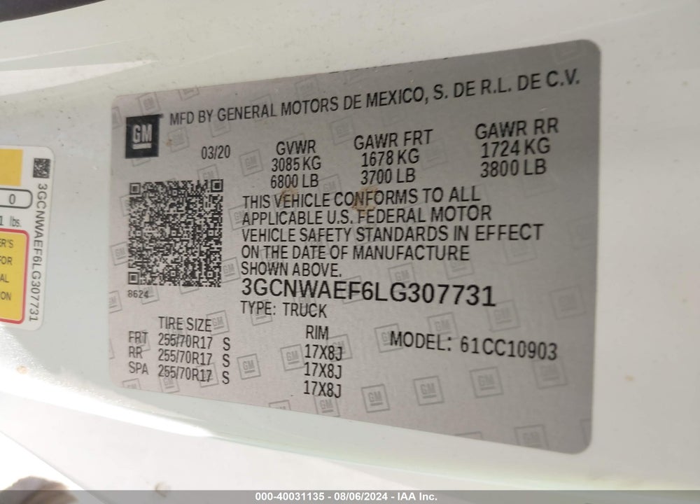 2020 CHEVROLET SILVERADO 1500 VIN: 3GCNWAEF6LG307731