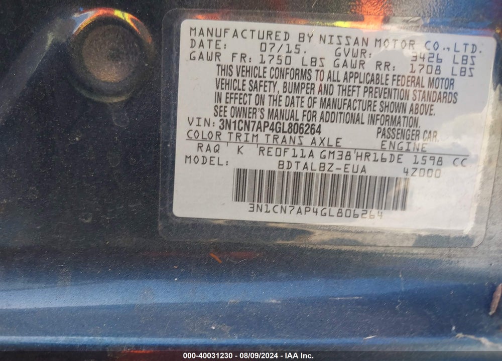 2016 NISSAN VERSA VIN: 3N1CN7AP4GL806264
