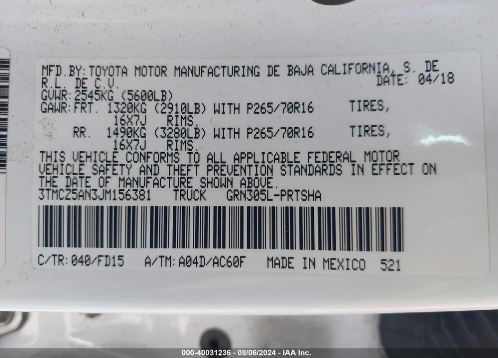 2018 TOYOTA TACOMA TRD OFF ROAD VIN: 3TMCZ5AN3JM156381