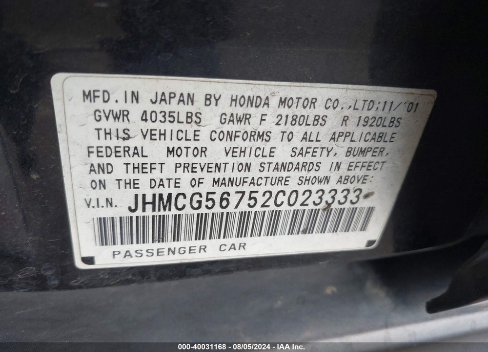 2002 HONDA ACCORD 2.3 SE VIN: JHMCG56752C023333