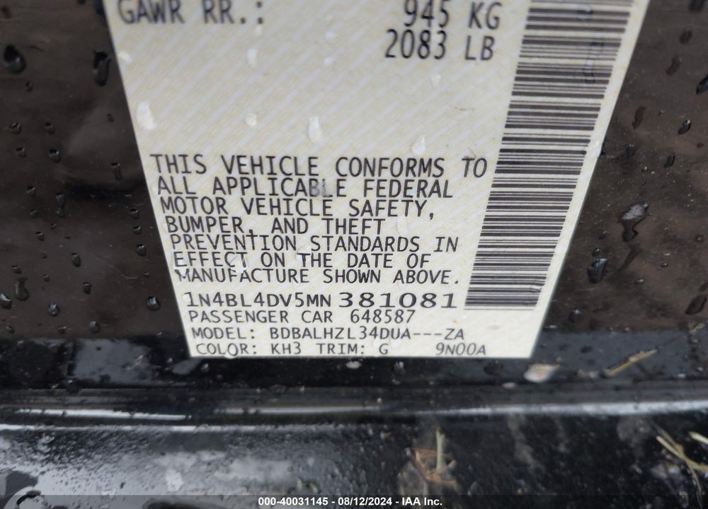 2021 NISSAN ALTIMA SV FWD VIN: 1N4BL4DV5MN381081