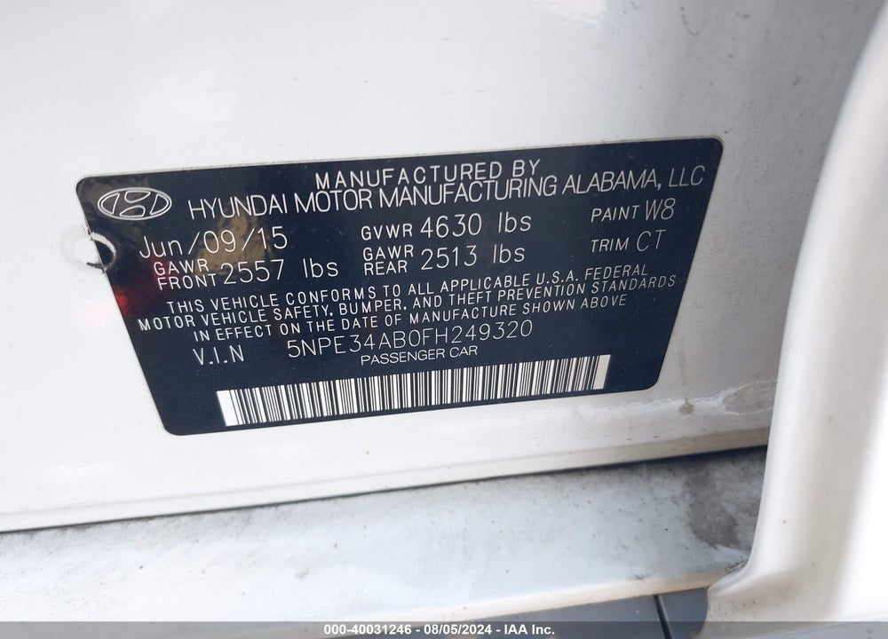 2015 HYUNDAI SONATA LIMITED 2.0T VIN: 5NPE34AB0FH249320