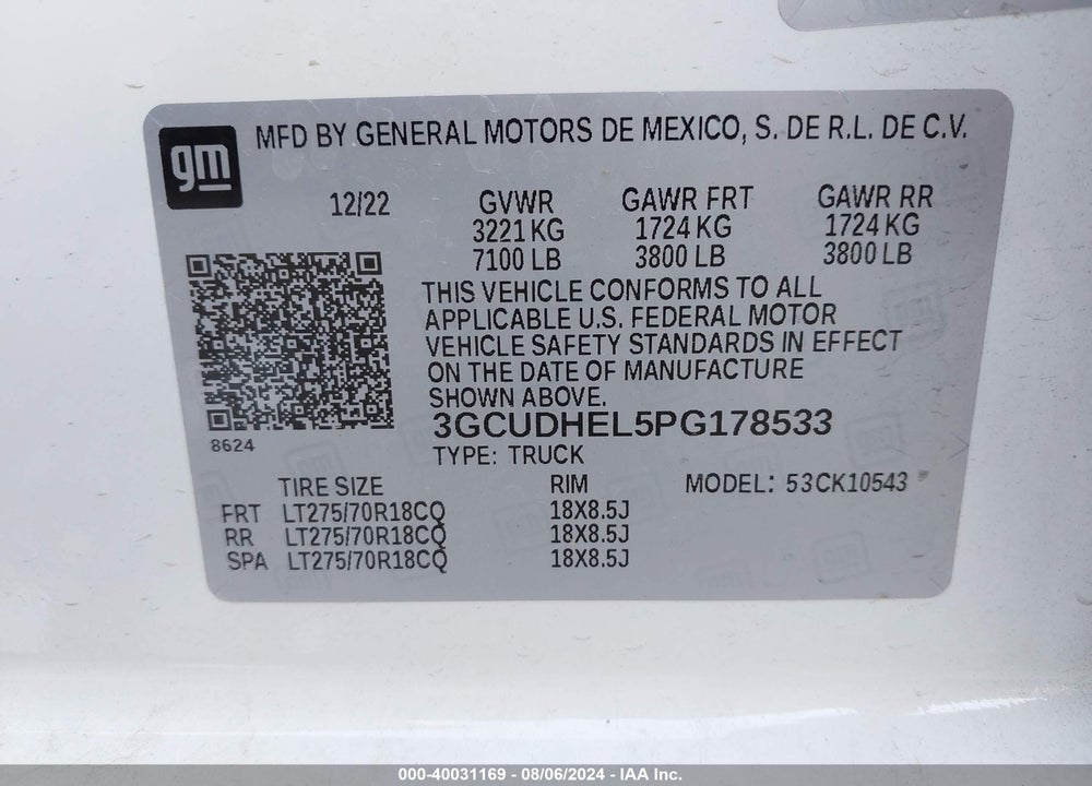 2023 CHEVROLET SILVERADO 1500 4WD SHORT BED ZR2 VIN: 3GCUDHEL5PG178533
