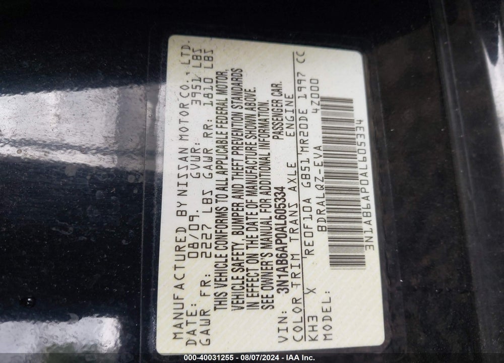 2010 NISSAN SENTRA 2.0 VIN: 3N1AB6AP0AL605334