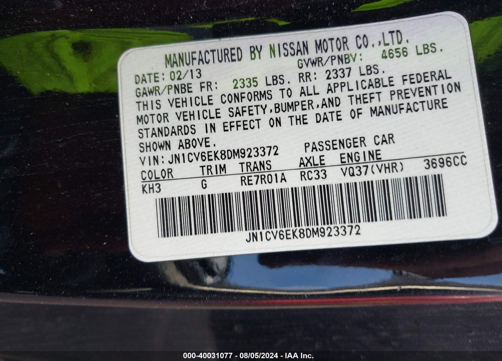 2013 INFINITI G37 JOURNEY VIN: JN1CV6EK8DM923372