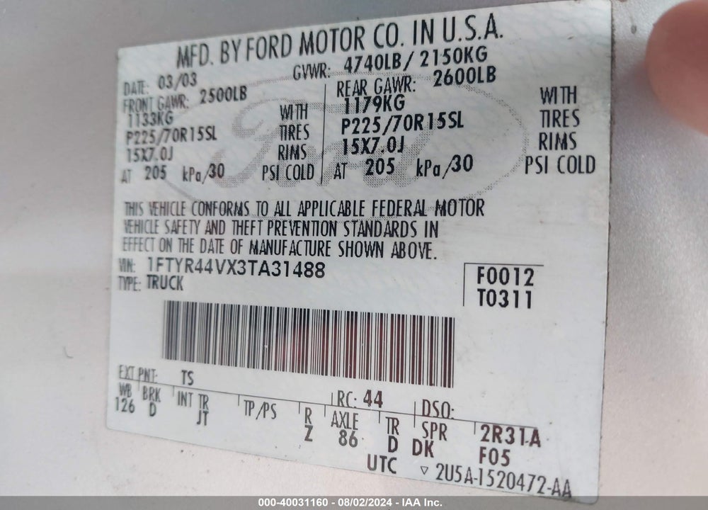 2003 FORD RANGER EDGE/TREMOR/XLT VIN: 1FTYR44VX3TA31488