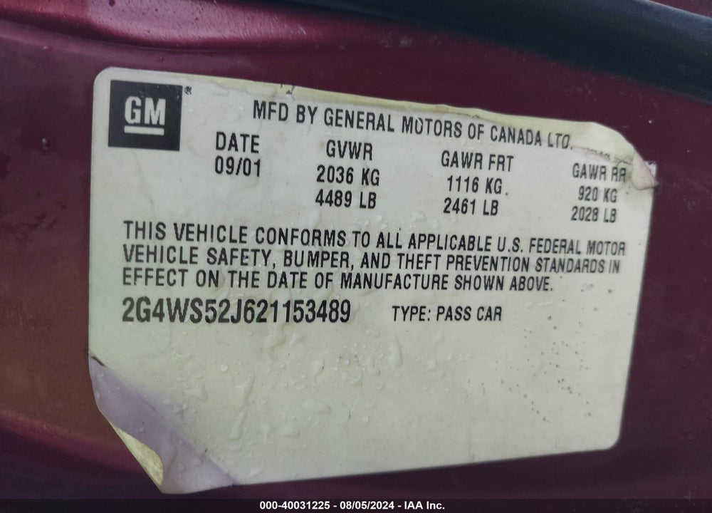 2002 BUICK CENTURY CUSTOM VIN: 2G4WS52J621153489