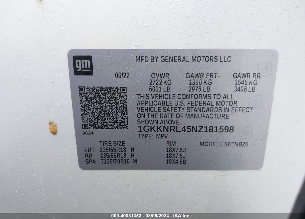 2022 GMC ACADIA AWD SLE VIN: 1GKKNRL45NZ181598