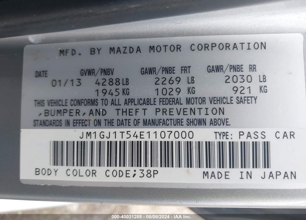 2014 MAZDA MAZDA6 VIN: JM1GJ1T54E1107000
