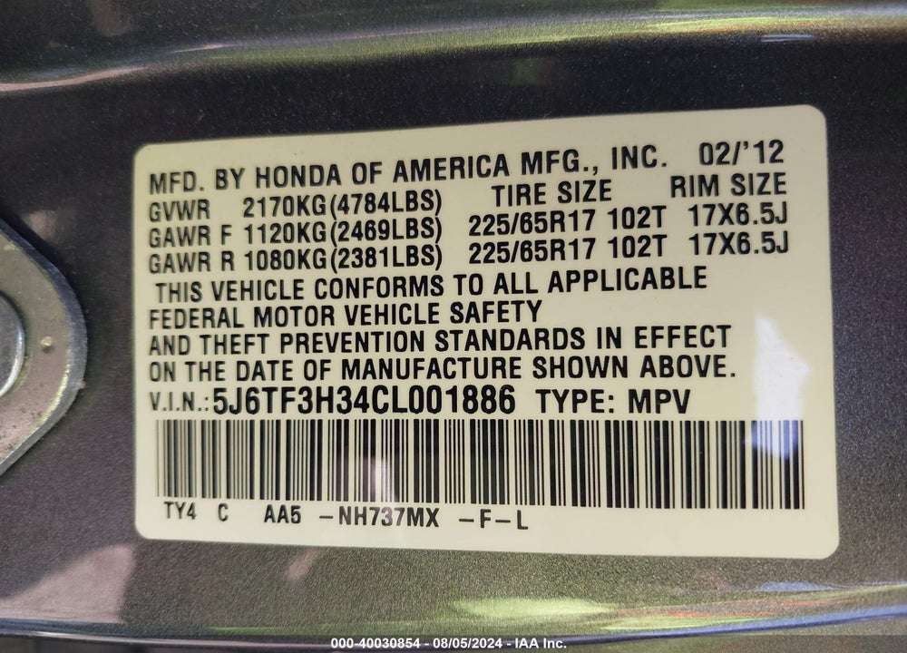 2012 HONDA CROSSTOUR 2.4 EX VIN: 5J6TF3H34CL001886