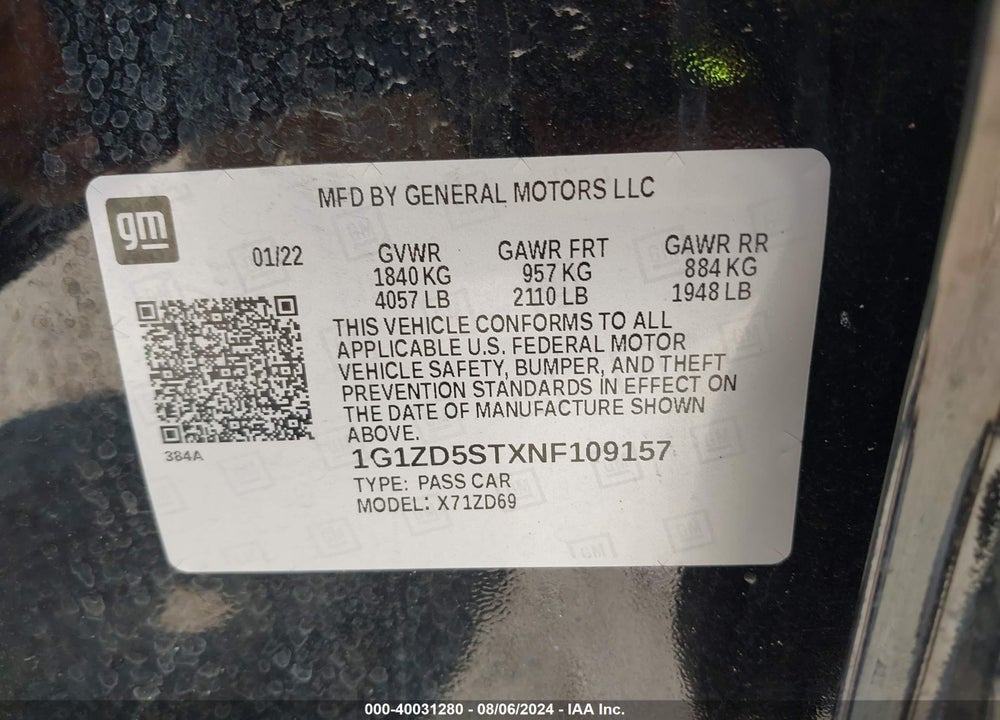 2022 CHEVROLET MALIBU FWD LT VIN: 1G1ZD5STXNF109157