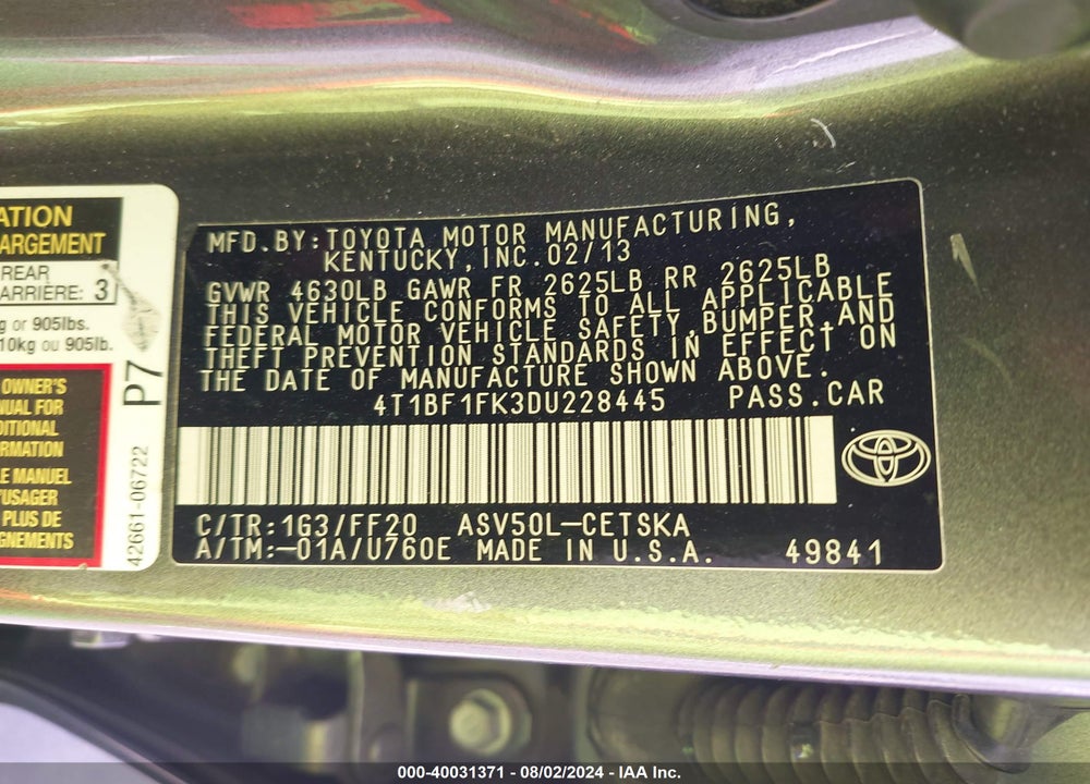 2013 TOYOTA CAMRY SE VIN: 4T1BF1FK3DU228445