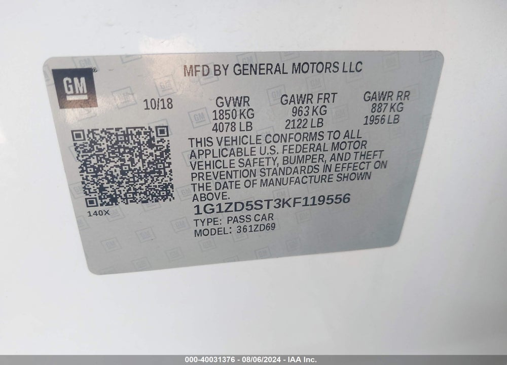 2019 CHEVROLET MALIBU LT VIN: 1G1ZD5ST3KF119556