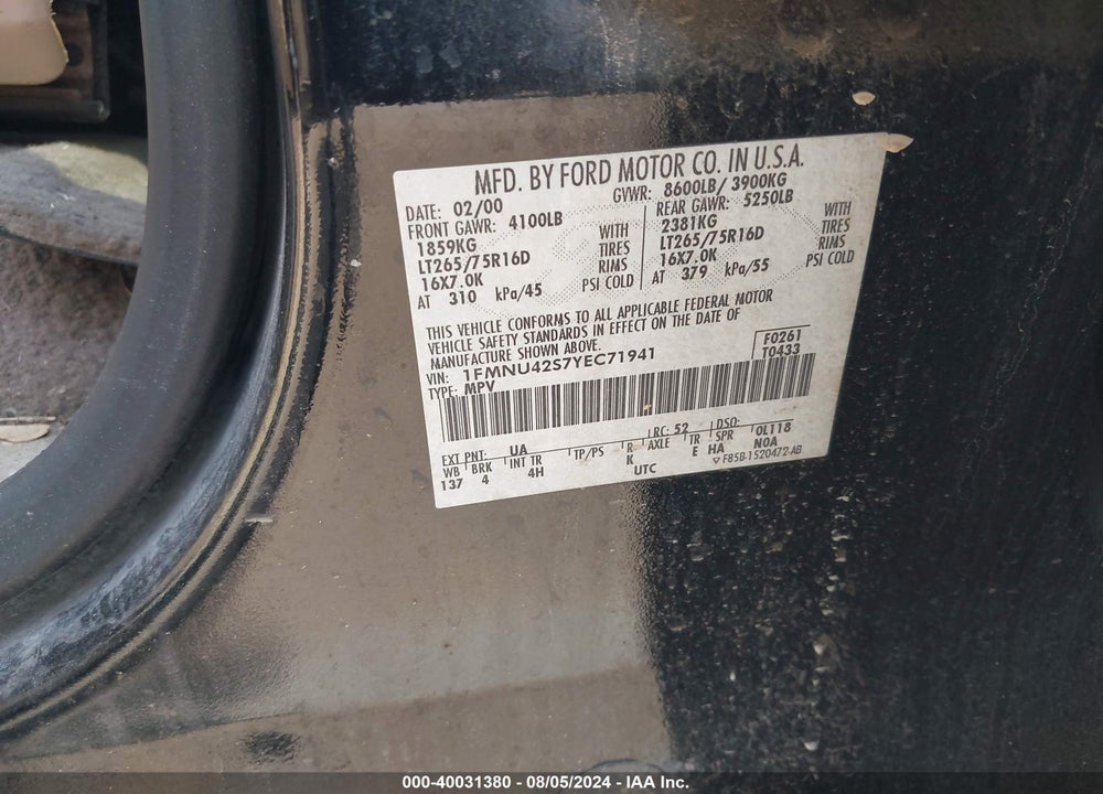 2000 FORD EXCURSION LIMITED VIN: 1FMNU42S7YEC71941