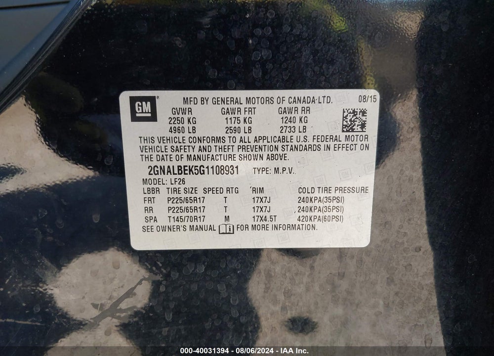 2016 CHEVROLET EQUINOX LS VIN: 2GNALBEK5G1108931