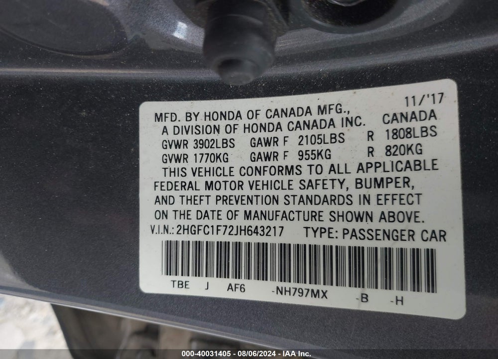2018 HONDA CIVIC EX-L VIN: 2HGFC1F72JH643217