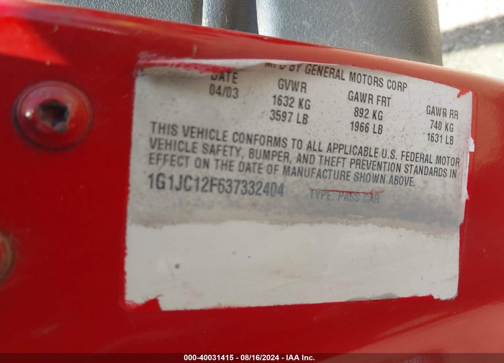 2003 CHEVROLET CAVALIER VIN: 1G1JC12F637332404