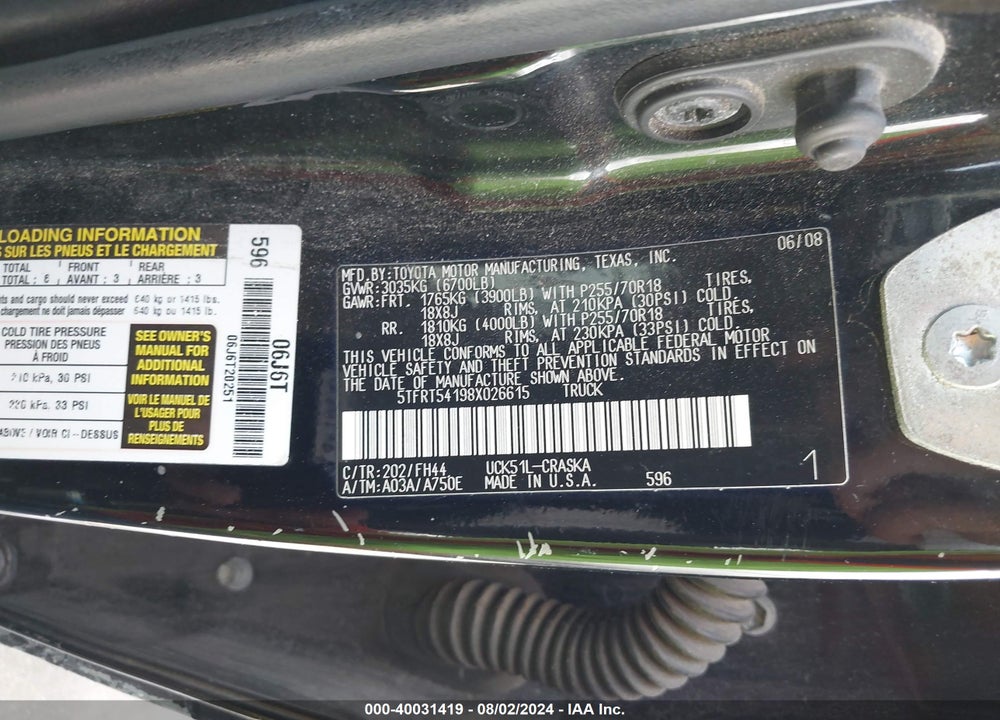2008 TOYOTA TUNDRA BASE 4.7L V8 VIN: 5TFRT54198X026615