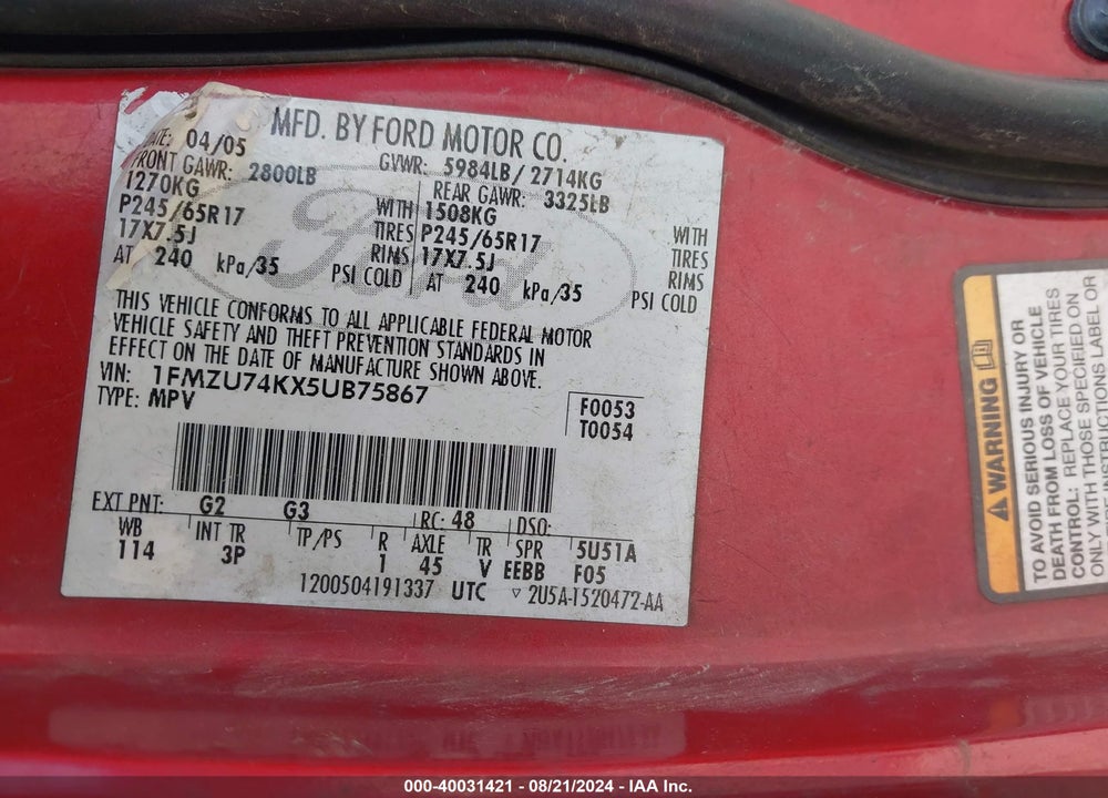 2005 FORD EXPLORER EDDIE BAUER VIN: 1FMZU74KX5UB75867