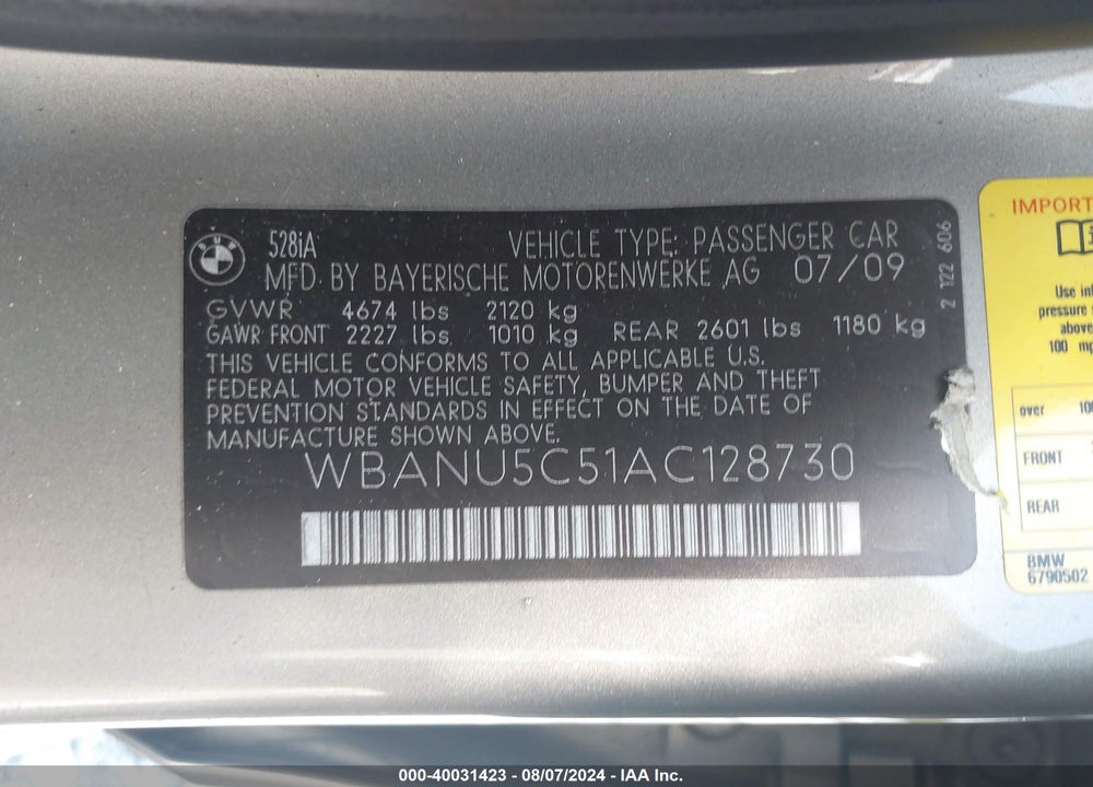 2010 BMW 528I VIN: WBANU5C51AC128730
