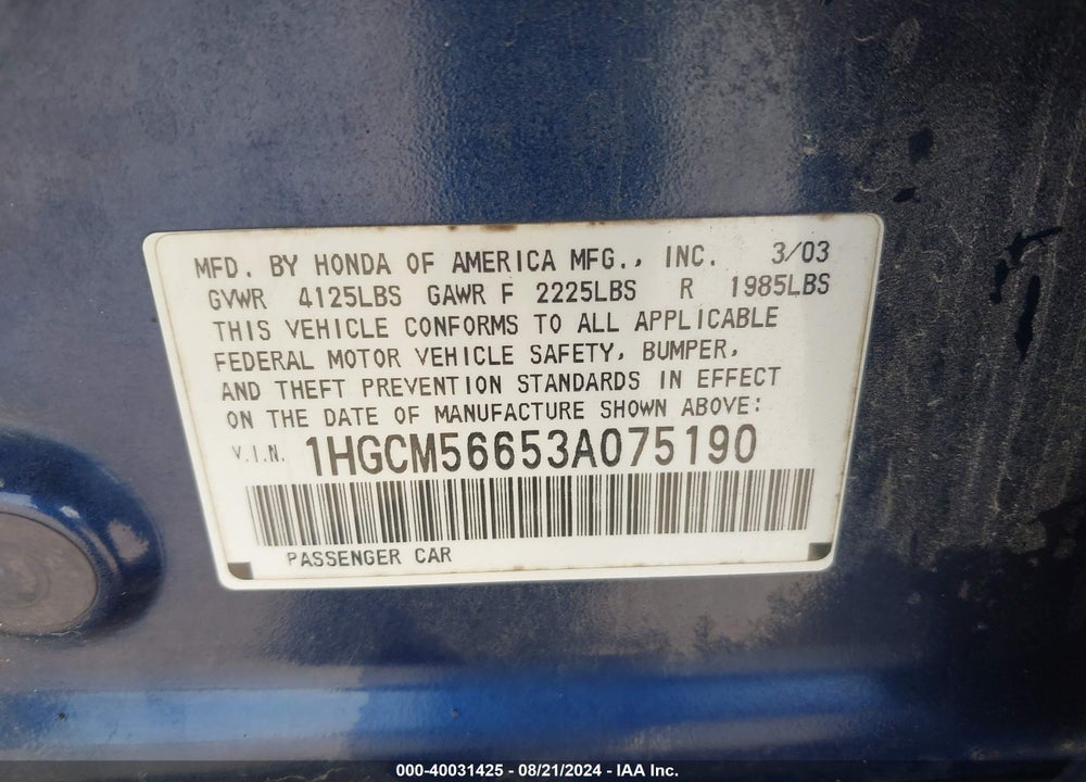 2003 HONDA ACCORD VIN: 1HGCM56653A075190