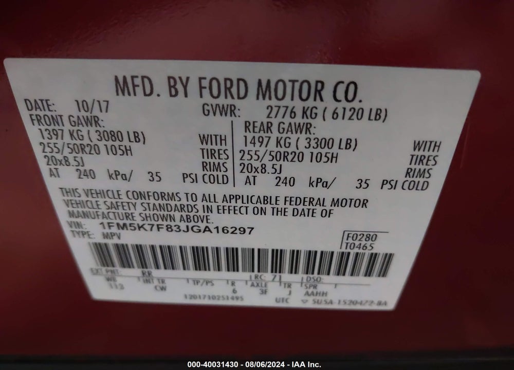 2018 FORD EXPLORER LIMITED VIN: 1FM5K7F83JGA16297