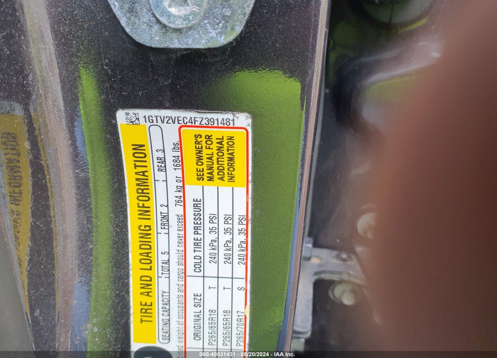 2015 GMC SIERRA 1500 SLT VIN: 1GTV2VEC4FZ391481