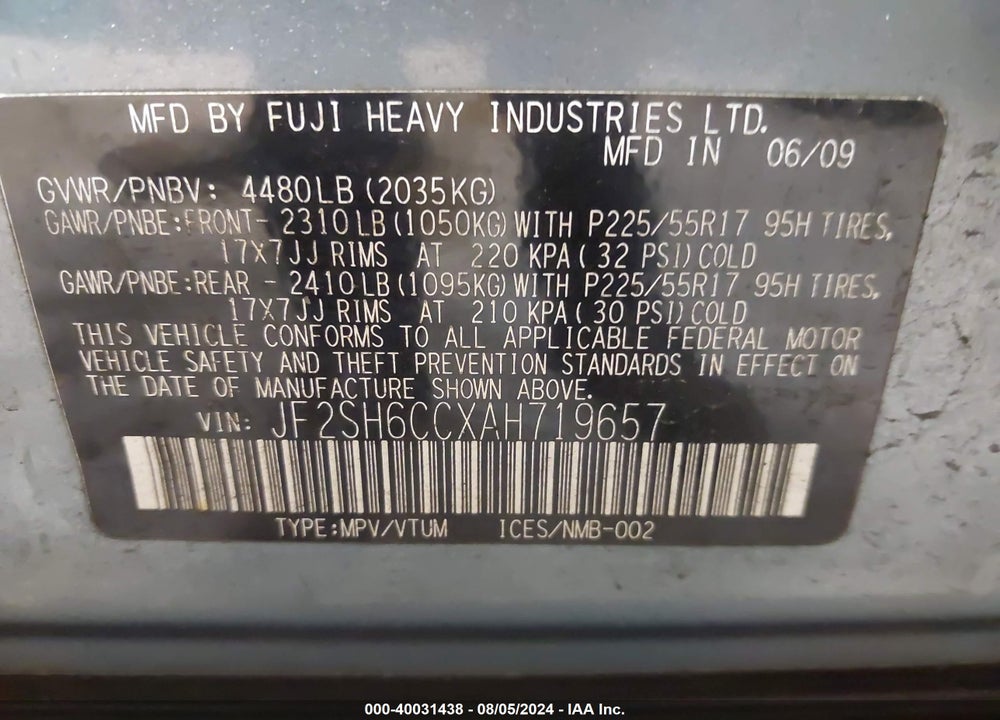 2010 SUBARU FORESTER 2.5X PREMIUM VIN: JF2SH6CCXAH719657
