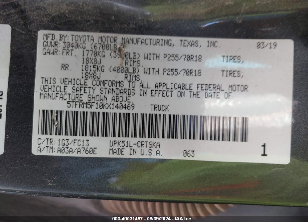 2019 TOYOTA TUNDRA SR5 4.6L V8 VIN: 5TFRM5F10KX140469
