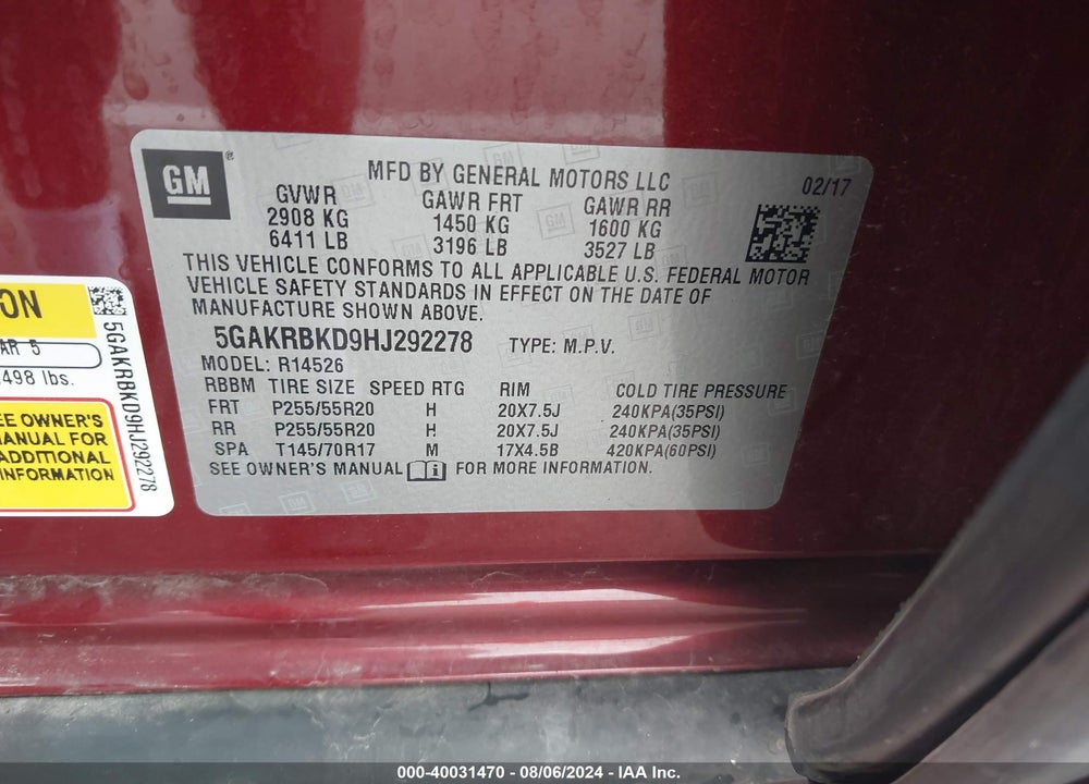 2017 BUICK ENCLAVE LEATHER VIN: 5GAKRBKD9HJ292278