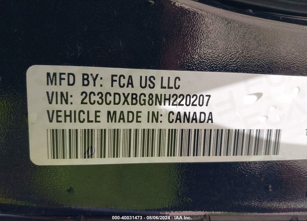 2022 DODGE CHARGER SXT RWD VIN: 2C3CDXBG8NH220207