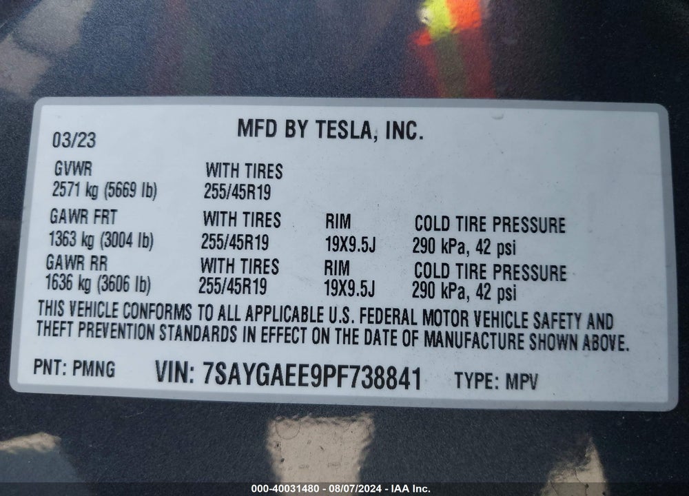 2023 TESLA MODEL Y VIN: 7SAYGAEE9PF738841