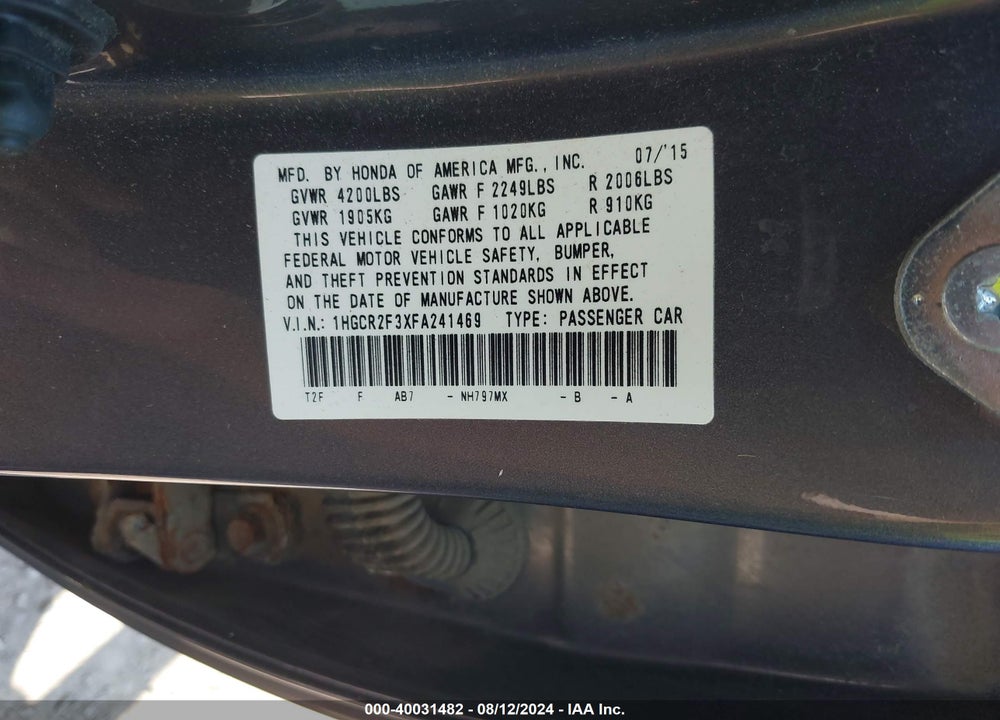 2015 HONDA ACCORD LX VIN: 1HGCR2F3XFA241469
