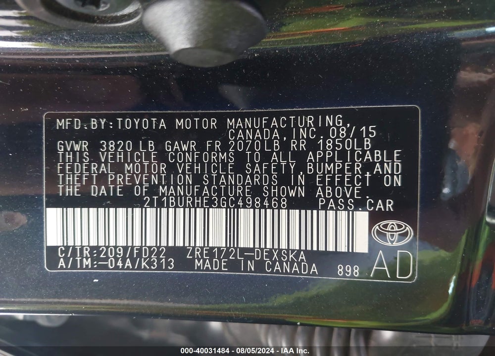 2016 TOYOTA COROLLA S PLUS VIN: 2T1BURHE3GC498468
