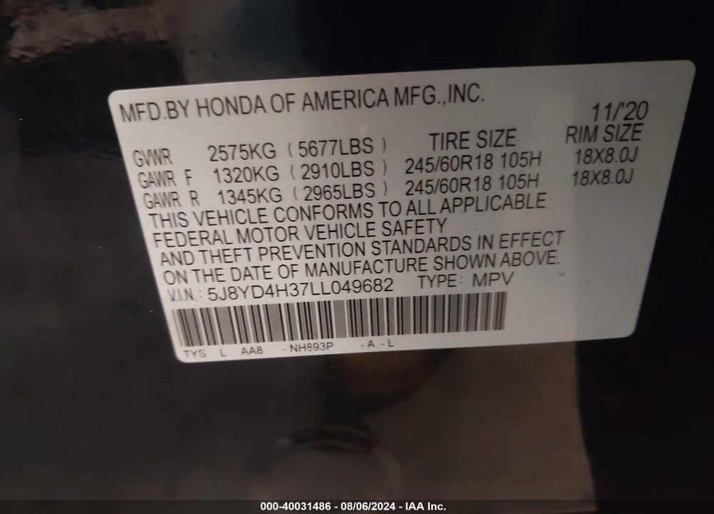 2020 ACURA MDX STANDARD VIN: 5J8YD4H37LL049682