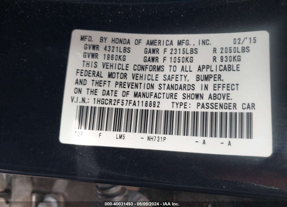 2015 HONDA ACCORD SPORT VIN: 1HGCR2F57FA118892