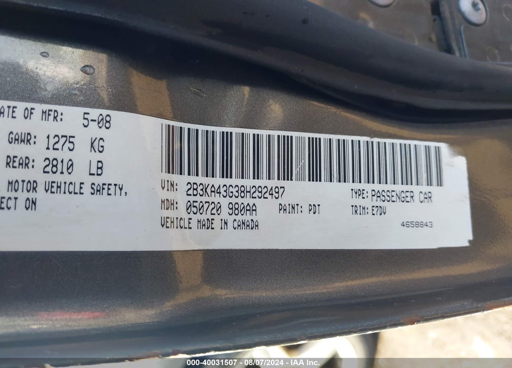 2008 DODGE CHARGER VIN: 2B3KA43G38H292497