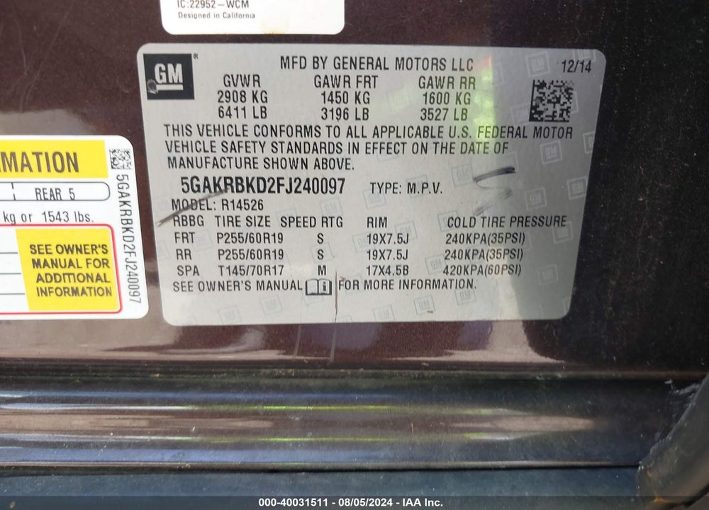 2015 BUICK ENCLAVE VIN: 5GAKRBKD2FJ240097