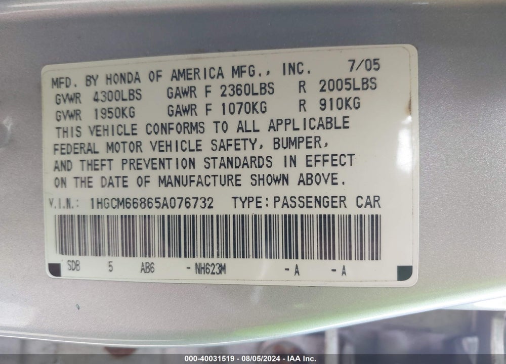 2005 HONDA ACCORD 3.0 EX VIN: 1HGCM66865A076732